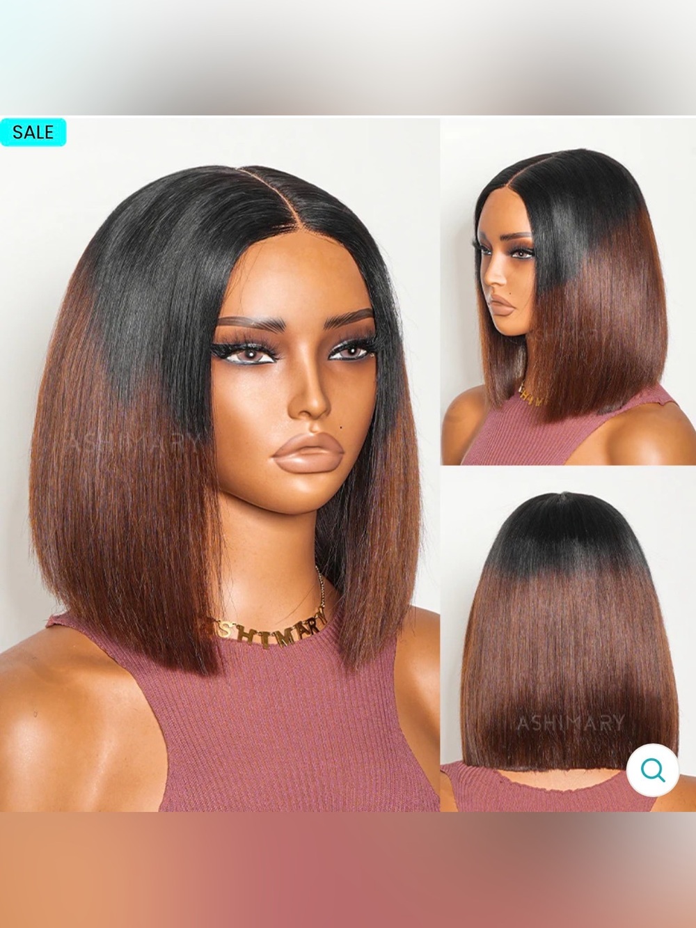 Human hair Ombre Straight Bob Wig - Black to Brown